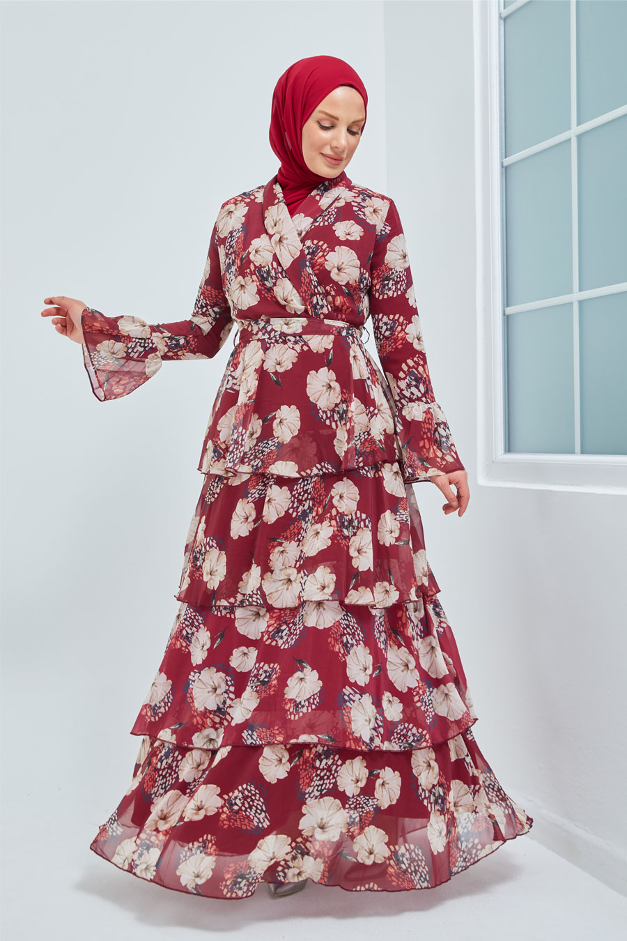 FLOWER PATTERNED CLARET RED DRESS