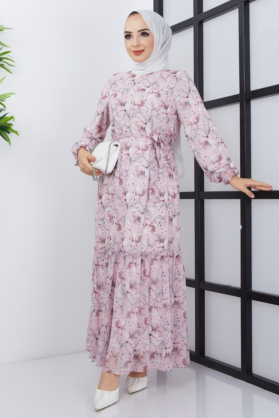 FLOWER PATTERNED POWDER PINK DRESS