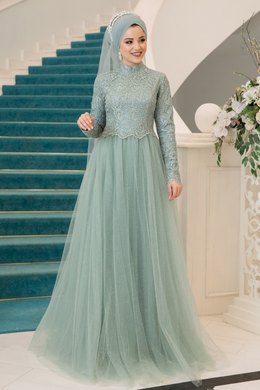 mint green dress muslimah Mint Green Dress With White Hijab Outfit