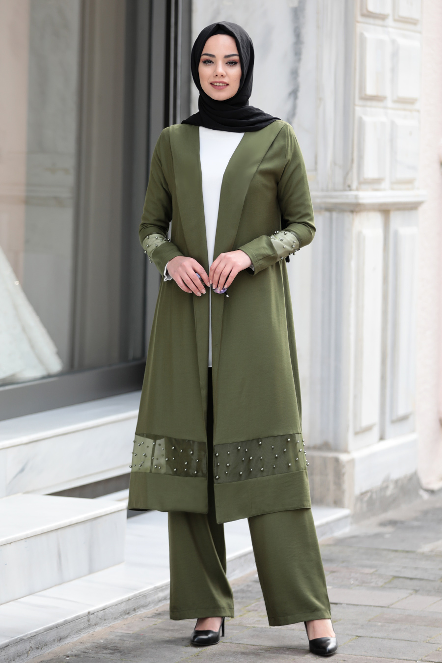 FEIZA COLLECTION NAR N KHAKI COAT PANT AND ECRU BLOUSE SUIT
