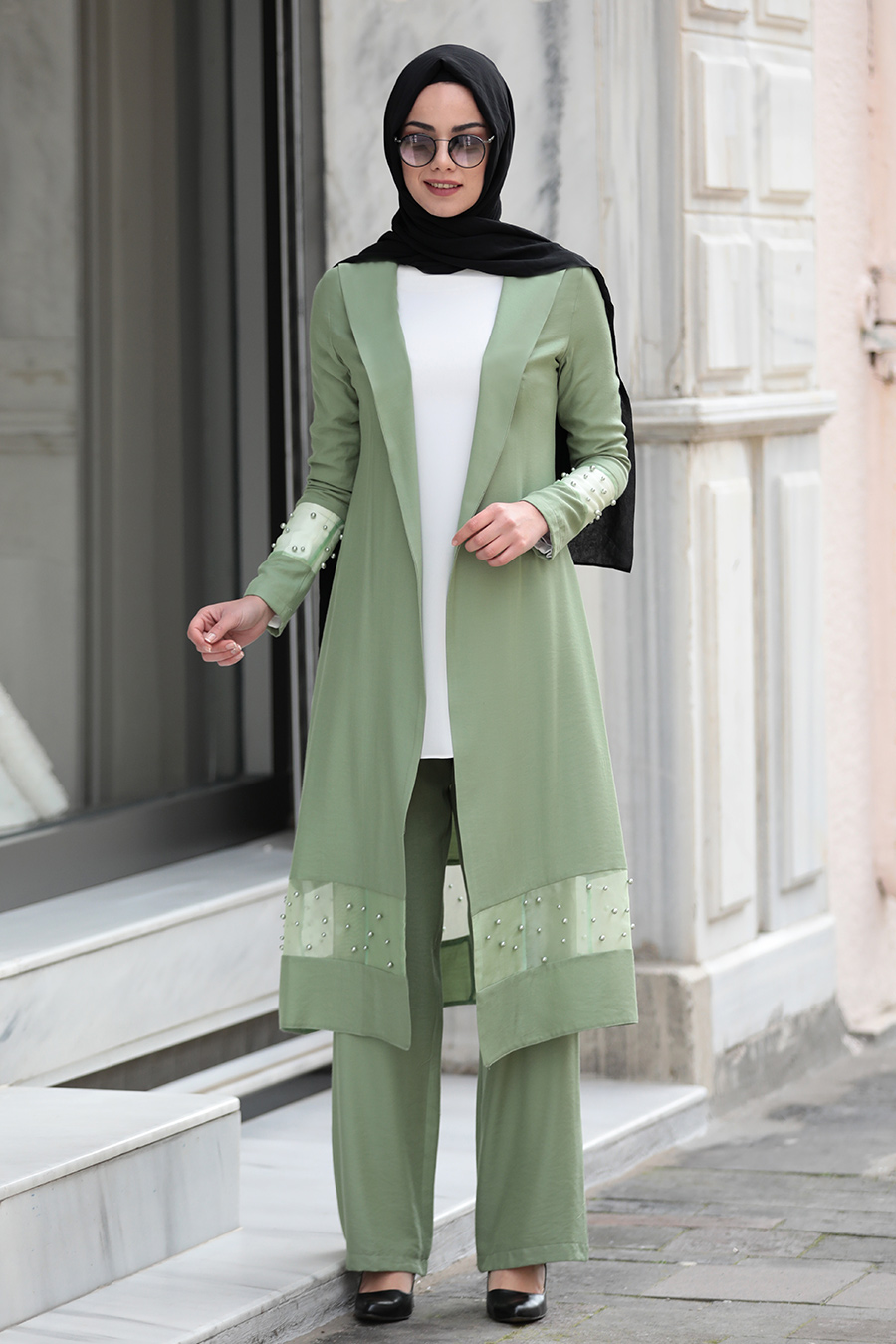 NARİN GREEN COAT/PANT AND ECRU BLOUSE SUIT