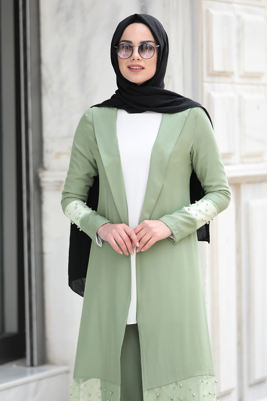 NARİN GREEN COAT/PANT AND ECRU BLOUSE SUIT