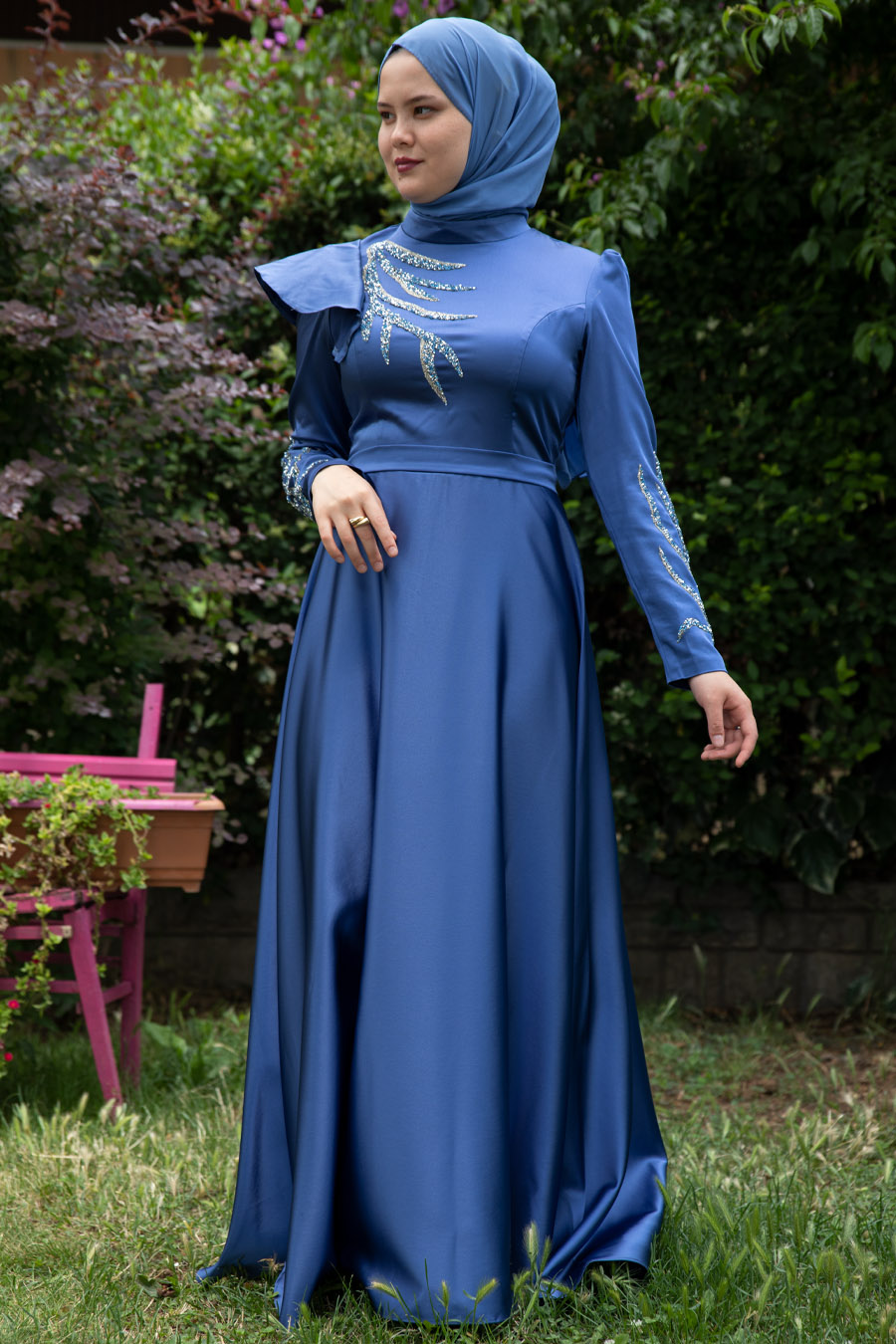 INDIGO COLOR EVENING DRESS  